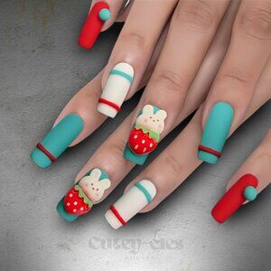 Strawberry Bunny 3D Cute Press-On Nails For Her - Handmade Kawaii Square Nails